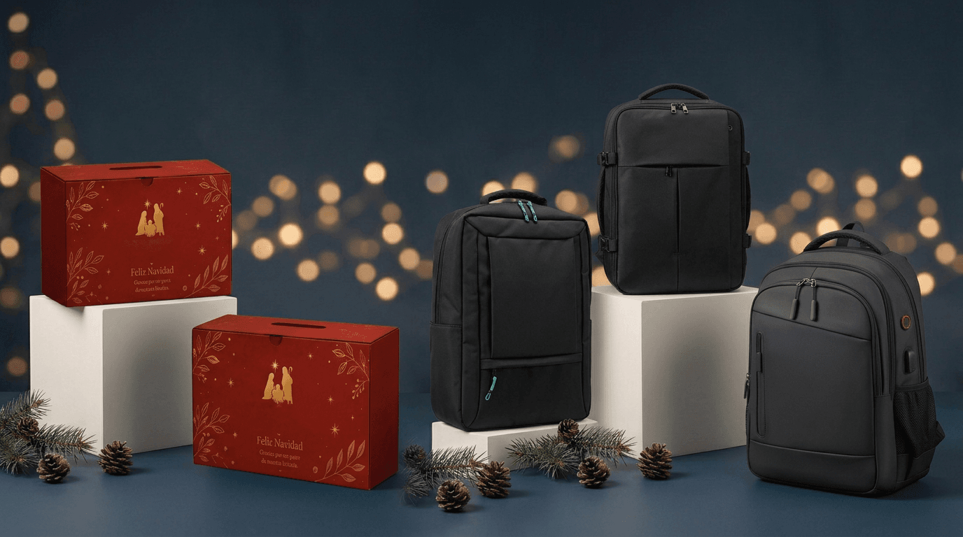 Cajas de regalo rojas con detalles dorados y maletines corporativos premium sobre pedestales