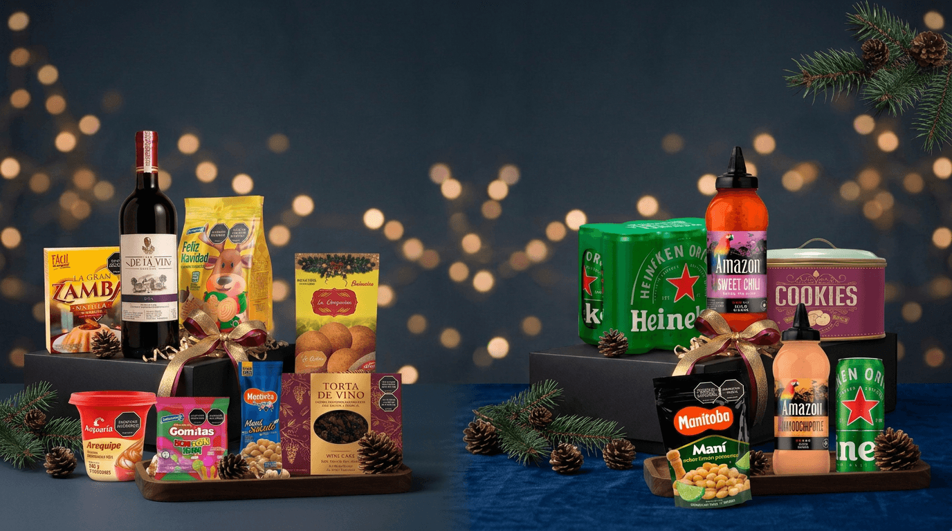 Vinos, dulces y delicias navideñas de nuestras anchetas con ramitas de pino