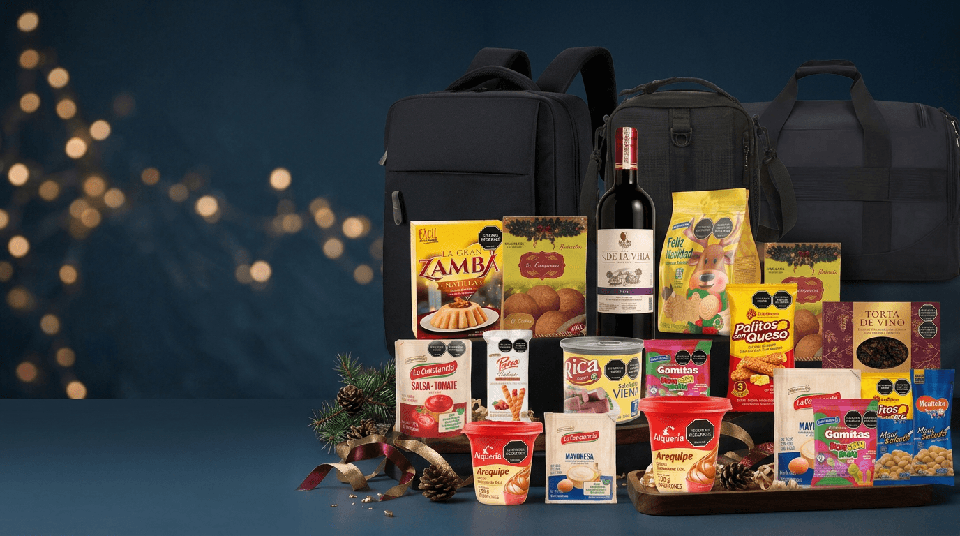 Anchetas corporativas con vino, maletines negros y productos gourmet navideños